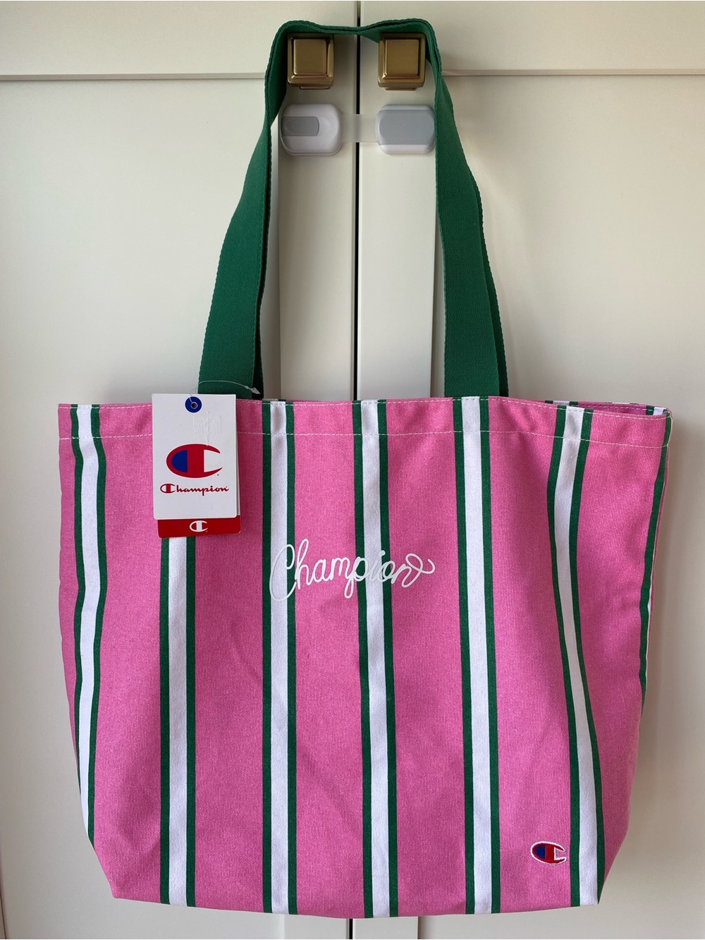 Champion Pink Tote with Green and White Stripes, NWT